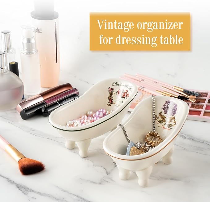 Retro Ceramic Bathroom Soap Dish for Shower - 2PCS - 5.6'' Porcelain Mini Bathtub Self Draining Soap Holder for Home Decor, Vintage Decortative Tray Rack, Outdoor Small Planters Set