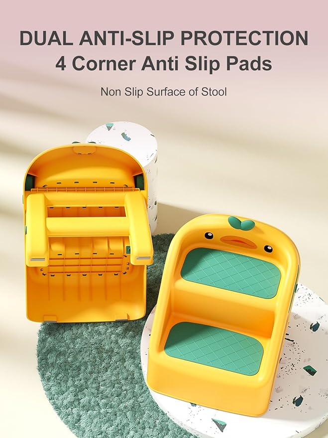 Toddler Step Stool Folding, Yellow, 2 Step Stool for Kids Bathroom Sink Potty Toilet, Gift to Give Stepping Stool for Todders 1-3, 11" 2 Steps & 4" Child Back Support, Easy to Use & Carry & Wash