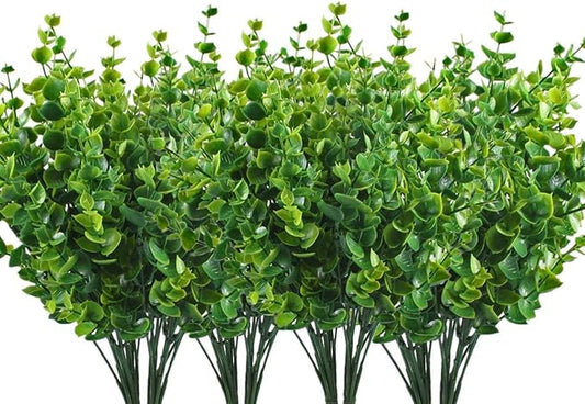 CATTREE Artificial Shrubs Bushes, Plastic Eucalyptus Leaves Fake Green Plants Wedding Indoor Outdoor Home Garden Verandah Kitchen Office Table Centerpieces Arrangements Christmas Decoration 8 pcs