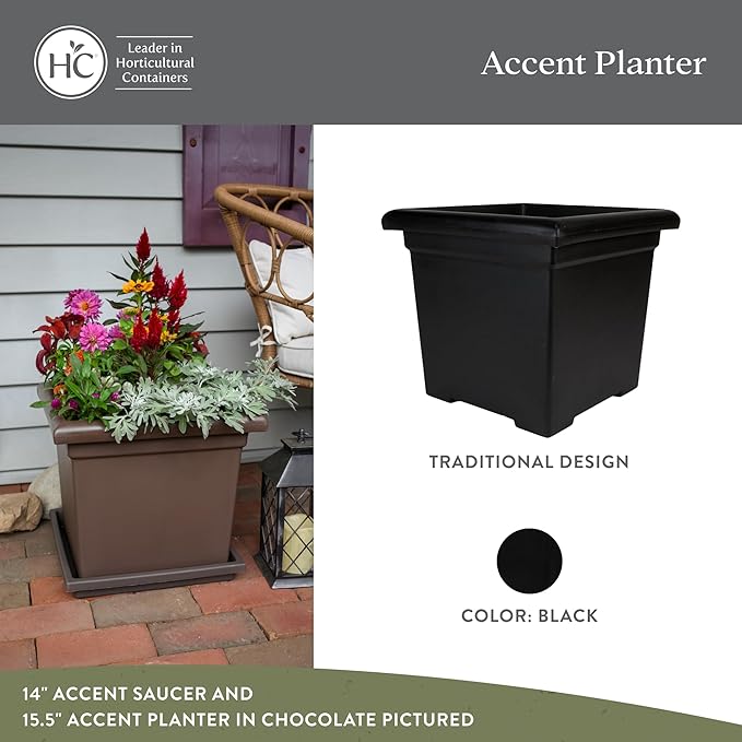 The HC Companies Accent Square Plant Pot w/Drainage - Classic Planters for Outdoor Plants & Indoor Plants - Lightweight & UV-Resistant Square Planter Box (12.5”, Black, Pack of 2)