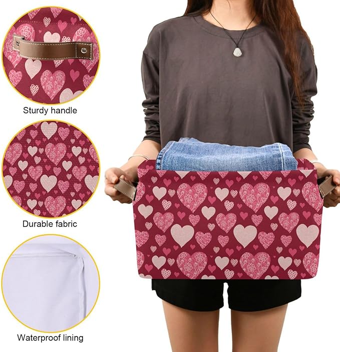 Happy Valentine's Day Storage Basket Fabric Kitchen Baskets Valentines Pink Purple Love Heart Open Home Storage Bins Boxes Foldable Organizer Bag Cloth Toy Book Shelf Closet Baskets 16×12×8 Inches