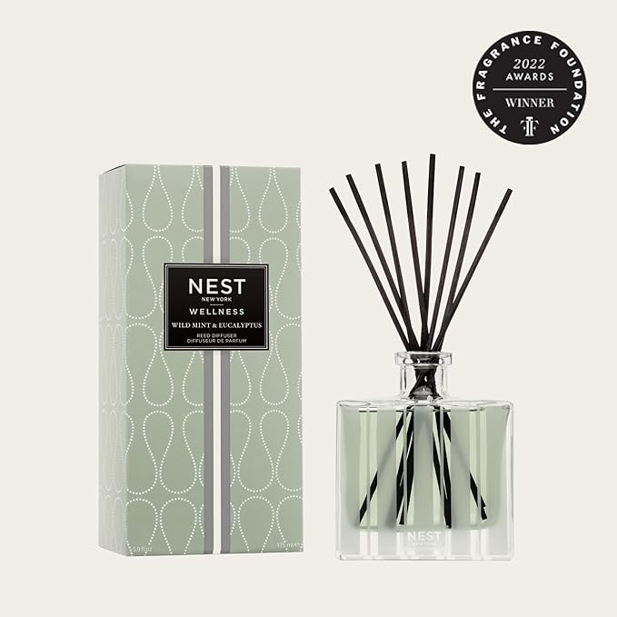 NEST New York Reed Diffuser, Wild Mint & Eucalyptus - 5.9 fl oz - Fragrance for Up to 90 Days - Reusable, Refillable Glass Holder - Includes 8 All-Natural Reed Sticks - Flame Free