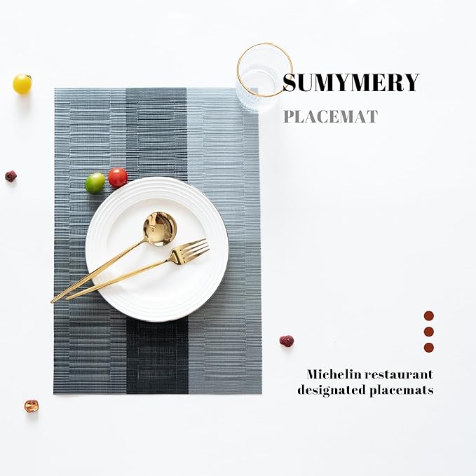 Placemats Set of 4 Vinyl/Plastic Woven Place Mats for Kitchen Table Indoor/Outdoor Washable Placemat Wipeable Dining Table Mats (Ombre Silver Grey Black,4)