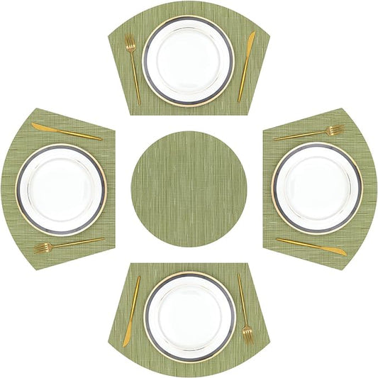 SHACOS Large Size Wedge Shape Placemats with Centerpiece Round Mat Set of 5 Round Table Place Mats Washable Dining Table Placemats Reversible, Green