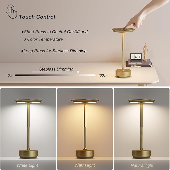 Cordless Table Lamps Rechargeable, Portable 5000mAh Battery Operated Lamp, 3 Color Stepless Dimming LED Table Light with Memory Function, for Outdoor/Dinner/Patio/Restaurant.(Gold)