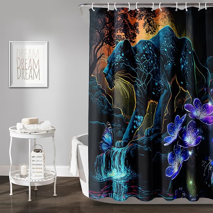 AILONEN Black Panther Shower Curtain,Glowing Panther Print Bath Curtain for Kids Boys Men,Wildlife Forest Cheetah Leopard Waterproof Shower Curtain for Bathroom, 72" W x 96" H
