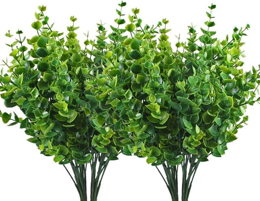 CATTREE Artificial Shrubs Bushes, Plastic Eucalyptus Leaves Fake Green Plants Wedding Indoor Outdoor Home Garden Verandah Kitchen Office Table Centerpieces Arrangements Christmas Decoration 4 pcs