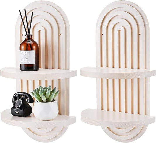 Wenqik 2 Pcs Boho Wall Shelf Rainbow Arch Wooden Floating Shelf Mid Century Bohemian Hanging Holder Double Vintage Wall Mount Altar Decor for Nursery Bedroom 15.75 x 6.69 Inches(White)
