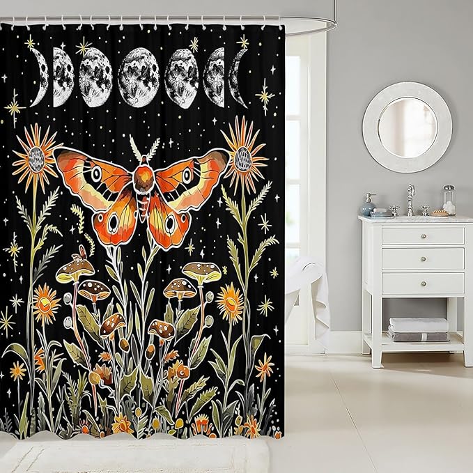 Feelyou Death Moth Shower Curtain Hippy Mushroom Fabric Shower Curtain for Kids Boys Girls Colour Bathroom Waterproof Accessories with 12 Hooks Bohemian Style Curtains,72x72 Inches