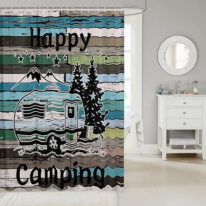 Feelyou Camper Shower Curtain Happy Camping Fabric Shower Curtain for Kids Boys Girls Wooden Rustic Style Bathroom Waterproof Accessories with 12 Hooks Rv Camping Curtains,72x84 Inches