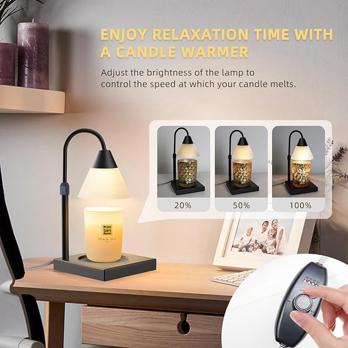 Candle Warmer Lamp, Dimmable Metal Lamp Height Adjustable, Compatible with Yankee and 3 Wick Large Jars, Lamps Scented Wax for Home Decor (Glass-Black), LALISUACTF01