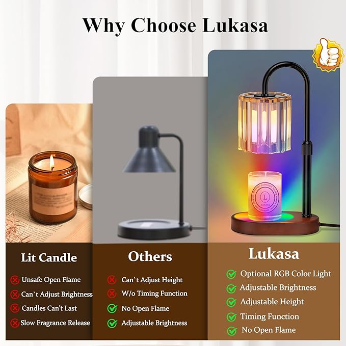 Lukasa Candle Warmer Lamp, with RGB LED Lights,Timer and Dimmer, Adjustable Height, House Warming Gifts New Home Decor, Gifts for Women Mom, Wax Melt Warmer for Scented Jar Candles