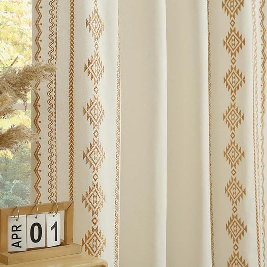 ColorBird Boho Curtains Embroidered Gold Vintage Light Filtering Rod Pockets Curtain 63 inch Length 2 Panels Set Drapes for Living Room Bedroom