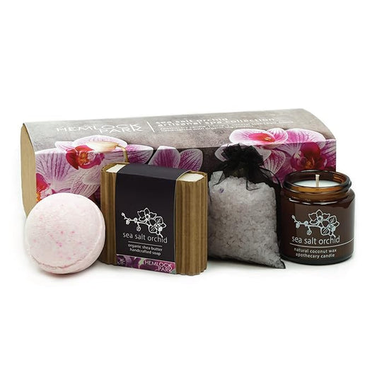 Hemlock Park Sea Salt Orchid Artisanal Spa Gift Box | Apothecary Candle, Shea Butter Soap, Bath Bomb, Mineral Salt Bath Soak | Handcrafted with Plant Based Ingredients