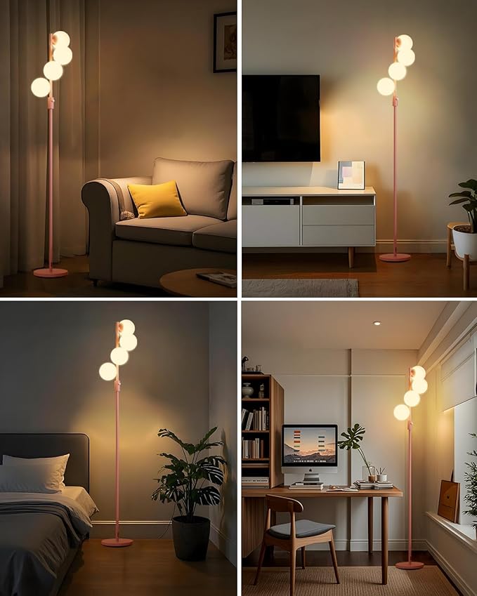 64IN Dimmable Pink Floor Lamp, Tall Standing Lamps with 4 Globe Soft Warm White Eye Care 3000K G9 Bulbs, Mid Century Modern Floor Lamp for Bedroom Office