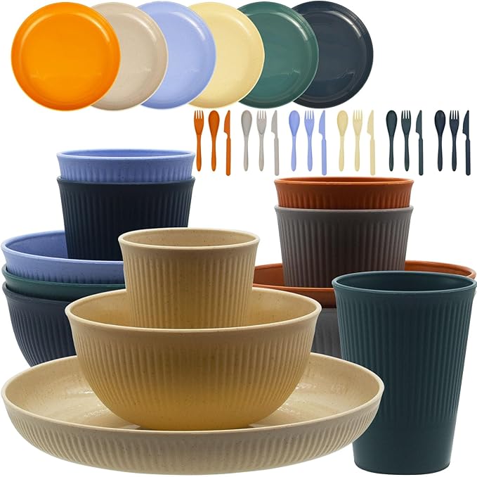 Wheat Straw Dinnerware Set, 36pcs Dishes Plates and Bowls Sets, Service for 6, Reusable Dinnerware Set Kitchen Cups Plates and Bowls Sets