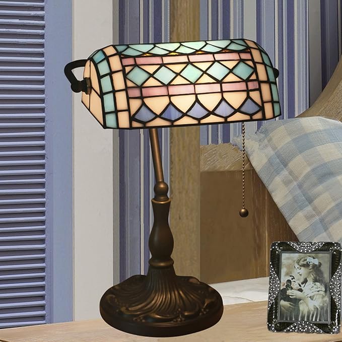 Tiffany Style Bankers Table Lamp Stained Glass Piano Desk Lamp Vintage Bedroom Bedside Lamp for Study,Antique Alloy Base,Zipper Switch,Blue Mediterranean