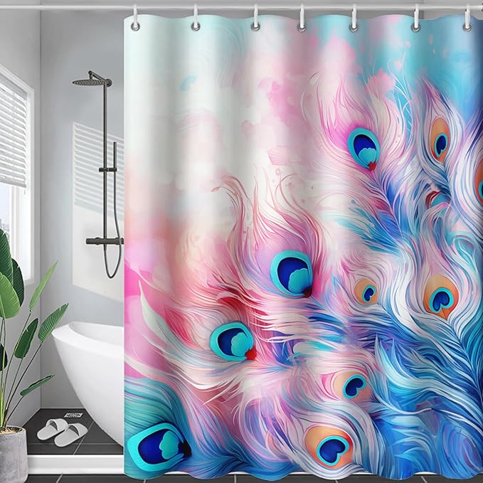 AILONEN Peacock Shower Curtain for Bathroom, Pink and Blue Peacock Feather Print Shower Curtain,Fashion Tie Dye Bath Curtain for Girls Women Waterproof 72" W*84" H