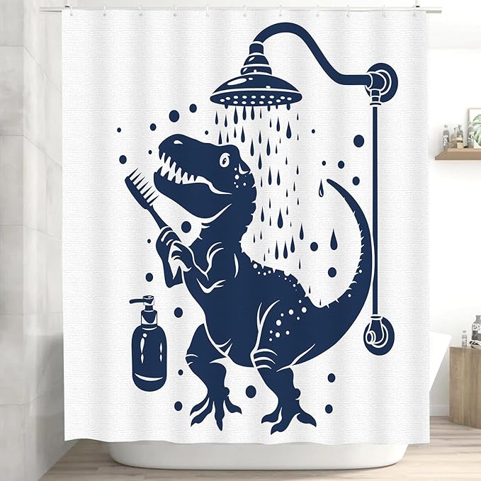 Dinosaur Shower Curtain for Bathroom Dino Shower Curtain for Kids Boy,Trex Raptor Silhouette,Blue White Cartoon Dinosaur Shadow Polyester Shower Curtain Waterproof Washable Durable 12 Hooks 72"x72"
