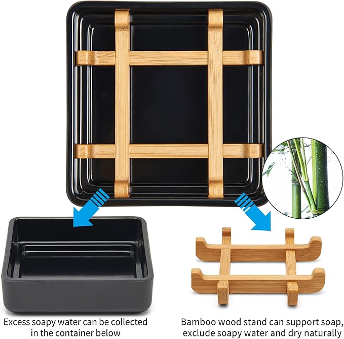 Bamboo Soap Dishes for Bar Soap Holders for Shower for Bathroom Sink Bulk Small Wooden Soap Tray Jabonera Pretty Neat Ventilated Soap Dish Disj Disk, Detachable (Single Right Angle Black)