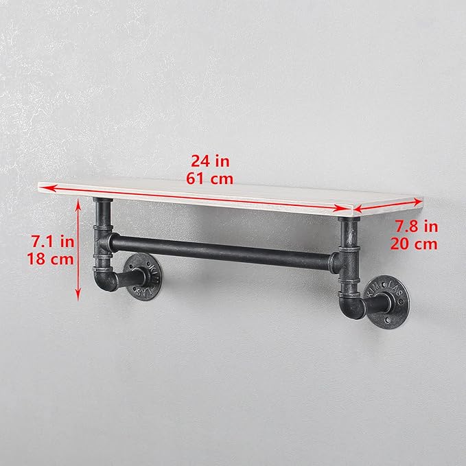 Industrial Pipe Shelving,Iron Pipe Shelves Industrial Bathroom Shelves with Towel bar,24in Rustic Metal Pipe Floating Shelves Pipe Wall Shelf,1 Tier Industrial Shelf Wall Mounted,Retro White