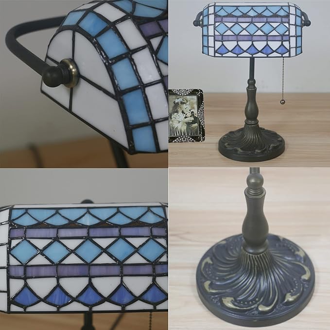 Tiffany Style Bankers Table Lamp Stained Glass Piano Desk Lamp Vintage Bedroom Bedside Lamp for Study,Antique Alloy Base,Zipper Switch,Blue Mediterranean
