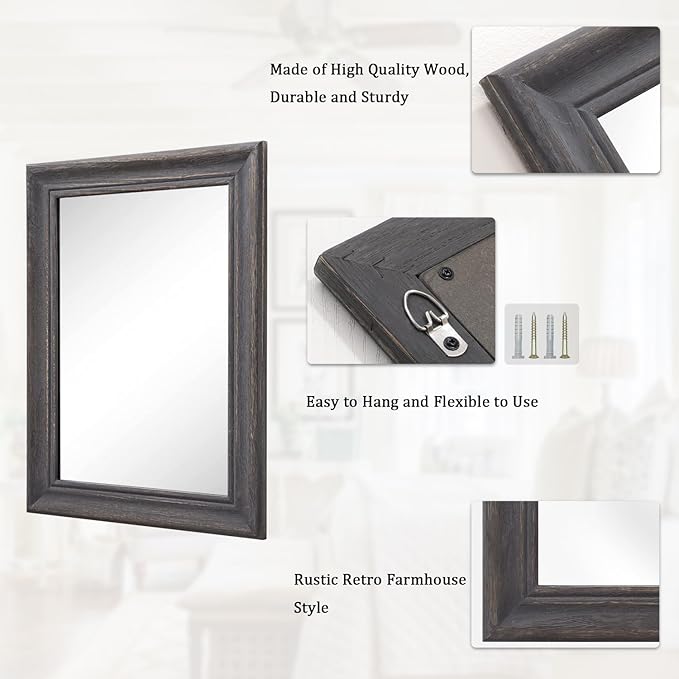 Wooden Mirror Rectangle Retro Hanging Mirrors for Farmhouse Modern Bathroom Bedroom Wall Decor