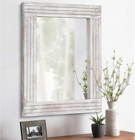 Mirrors for Wall Rustic Wooden Frame Rectangle Mirror Vintage Hanging Mirror for Bedroom Bathroom Living Room Farmhouse Wall Decor White Small 16" x 12 "