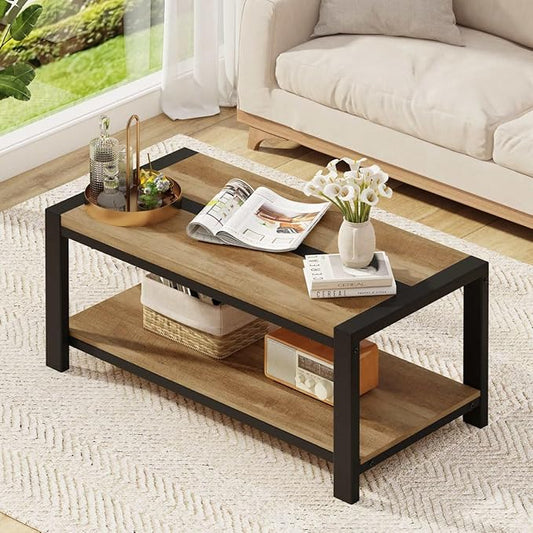 BON AUGURE Wood Coffee Table, Rectangle Coffee Tables for Living Room, Farmhouse Living Room Center Tables, Low Cocktail Tea Table with Rounded Corner (Vintage Oak, 43 Inch)
