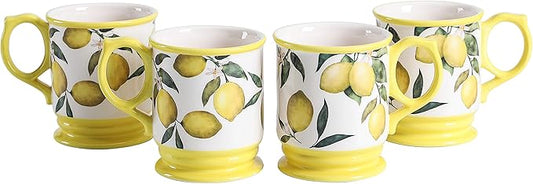 Bico Lemon Dreams Ceramic Mugs, Set of 4, for Coffee, Tea, Drinks, Microwave & Dishwasher Safe