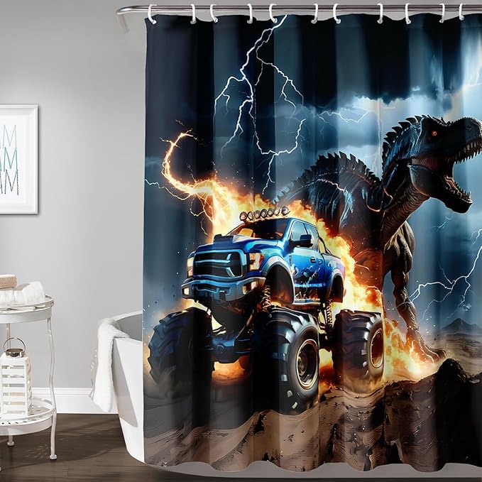 AILONEN Boys Dinosaur Shower Curtain, Monster Truck Bath Curtain,Lightning Roaring Dinosaur Kids Shower Curtain,Waterproof Curtain Bathroom 60" W*72" H Decor with 12 Plastic Hooks