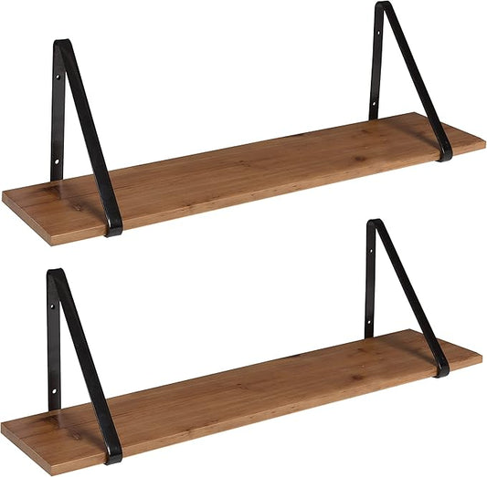 Kate and Laurel Soloman Wooden Shelves with Simple Metal Brackets, Rustic Brown and Black, 2 Piece Set