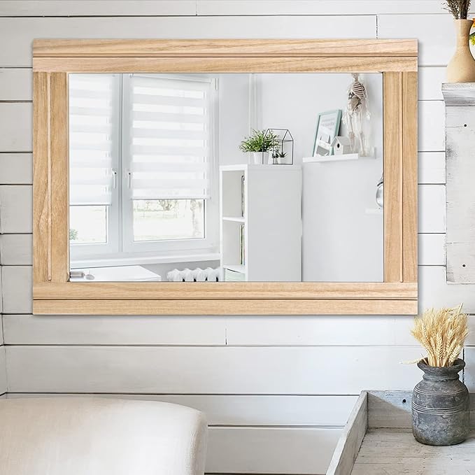 AAZZKANG Rustic Mirrors for Wall with Rectangular Wood Frame Decorative for Farmhouse Bedroom Bathroom Living Room Home Office Large 26"x18"