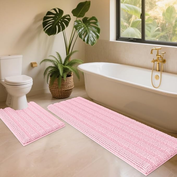 ACCUMTEK Striped Pink Toilet Bathroom Rug Mat Set 2 Piece Rug Ultra Soft, Non Slip Chenille Bath Rugs, Absorbent Plush Shaggy Bath Mats for Bathroom, Bedroom, Kitchen, Shower, Tub