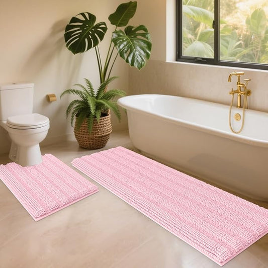 ACCUMTEK Striped Pink Toilet Bathroom Rug Mat Set 2 Piece Rug Ultra Soft, Non Slip Chenille Bath Rugs, Absorbent Plush Shaggy Bath Mats for Bathroom, Bedroom, Kitchen, Shower, Tub