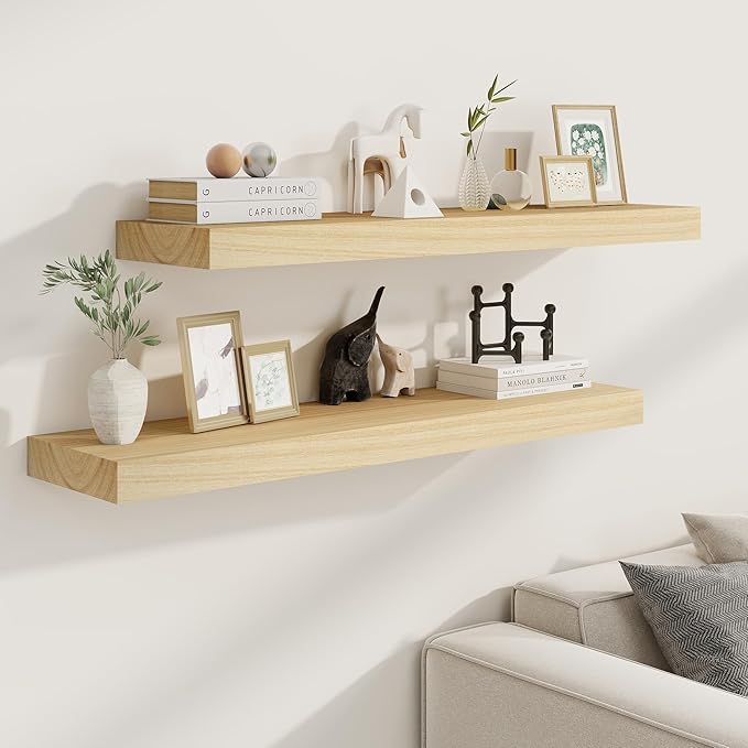 Fun Memories Deep Floating Shelves, Solid Wood Floating Shelves Wall Mounted, 9.3" Deep Wall Shelf for Living Room, Bedroom, 36 x 9 Large Floating Shelf for Books, Natural Color, Set of 2