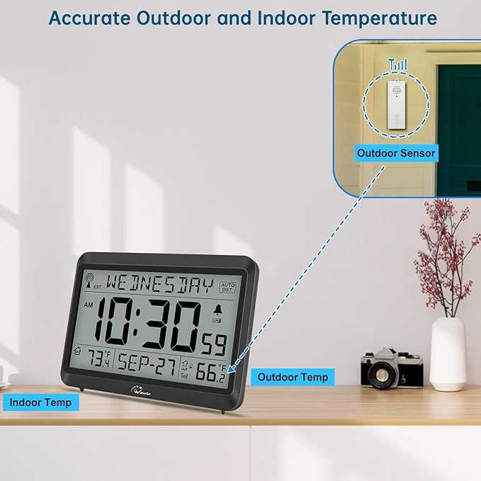 WallarGe Atomic Clock with Indoor Outdoor Temperature, Self-Setting Digital Wall Clock Battery Operated, 4 Time Zones, DST