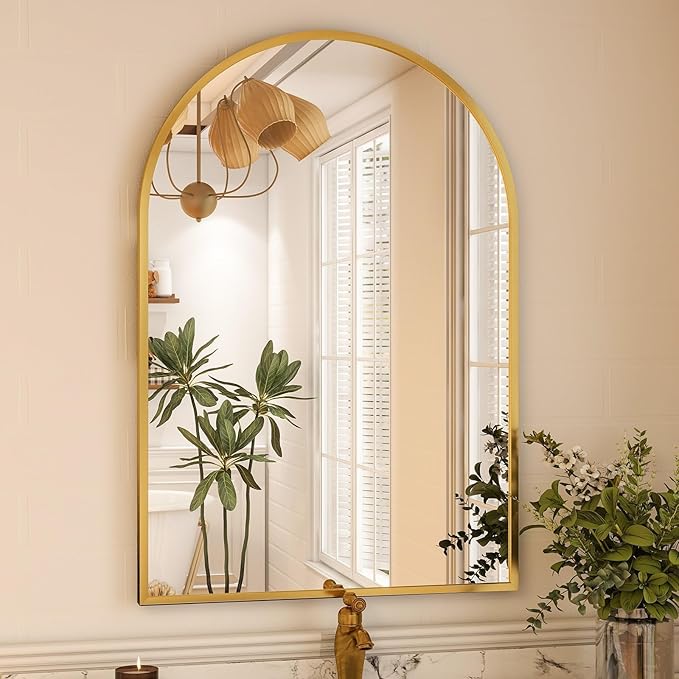 Arched Wall Mirror, 32 x 48 inch Arch Bathroom Mirror, Wall Mounted Vanity Mirror with Arch Metal Frame, Modern Bathroom Vanity Mirror for Bedroom, Living Room, Hanging or Leaning, Gold