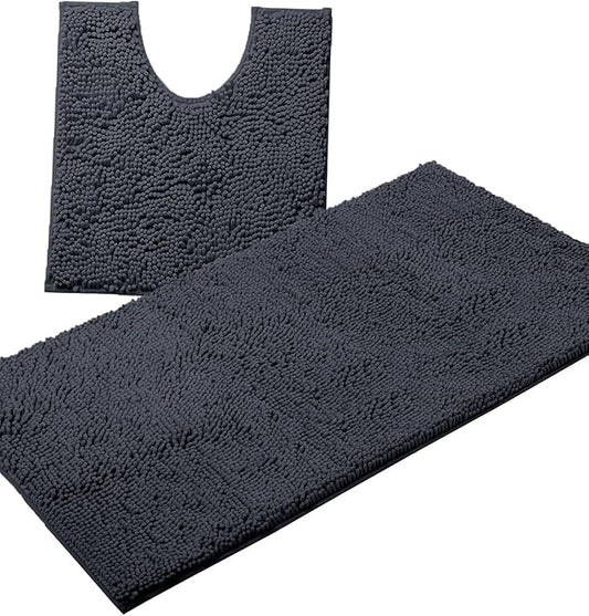 Bathroom Rugs Sets 2 Piece, Luxury Chenille Bath Mat Set, Soft Plush Anti-Slip Bath Rug + U-Shaped Toilet Mat. Microfiber Shaggy Carpet, Super Absorbent (24” x 36” & 20” x 24” U, Charcoal)