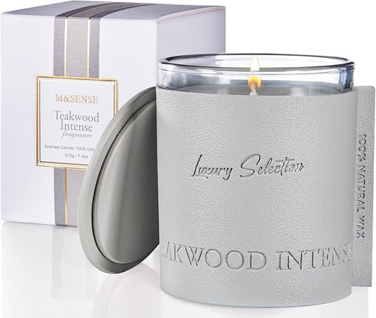 M&SENSE Soy Teakwood Scented Candle 7.4oz 40 Hours Long Lasting, Leather Wrapped Luxury Aromatherapy Gift for Men & Women, Relaxing Stress Relief