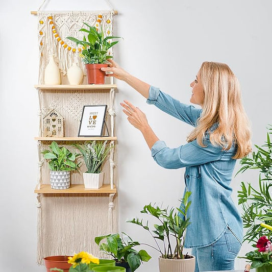 jontell Macrame Wall Hanging Shelf- Macrame Shelves Handmade Decorative Floating Boho Shelf-Plant Shelf Display Rack to Organize and Decor for Living Room, Bedroom, Bathroom