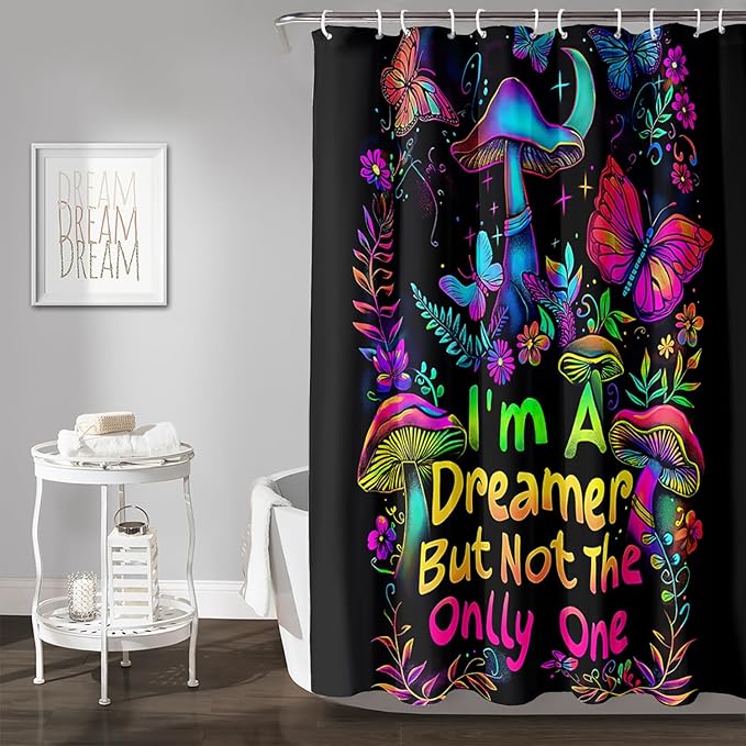 AILONEN Mushroom Shower Curtain,Colorful Butterfly Flower Decoration,Polyester Fabric,Waterproof,Botanical Fungus Plants Black Bath Curtains Washable,with 12 Plastic Hooks, 72" W x 78" H