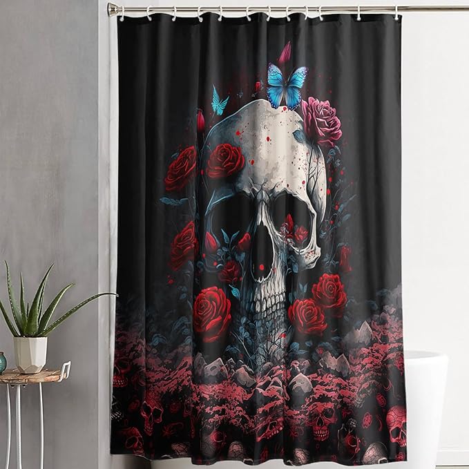 AILONEN 3D Skull Shower Curtain,Oil Ren Rose with Ruins Skull Skeleton Design Shower Curtain Set for Boys Girls Teens,Gothic Skull Waterproof Fabric Shower Curtain for Bathroom,72" W*96" H