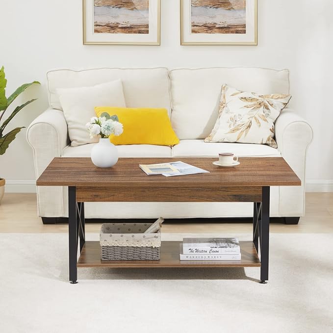 GreenForest Coffee Table with Storage, 43 inch Large Modern Coffee Tables for Living Room, X-Frame Design Farmhouse Coffee Table Space Saving Living Room Tables, Easy Assembly, Walnut