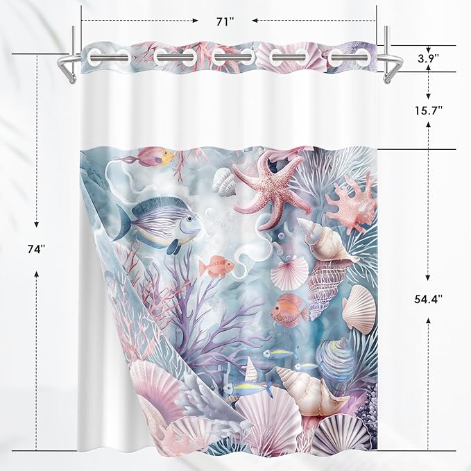 Sea Shells Coral No Hook Shower Curtain with Snap in Liner, Starfish Seashell Underwater Bath Curtain with Double Layers Waterproof Fabric and Mesh Top Window 71x74 Inch