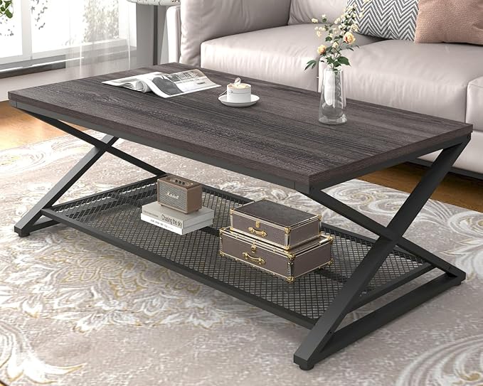 LVB Industrial Grey Coffee Table, Wood Metal 2 Tier Center Table with Storage, Rectangular Low Cocktail Table for Living Room, Farmhouse Concrete Tables for Home Office Bedroom, Dark Gray Oak, 47 Inch