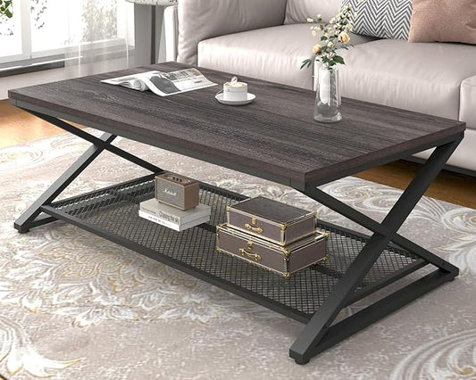 LVB Industrial Grey Coffee Table, Wood Metal 2 Tier Center Table with Storage, Rectangular Low Cocktail Table for Living Room, Farmhouse Concrete Tables for Home Office Bedroom, Dark Gray Oak, 47 Inch