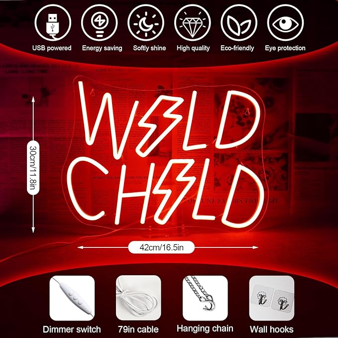 Wild Child Neon Sign Dimmable Creative LED Wall Decor for Home Colorful Neon Lights for Child Edgy Room decor Teens Unique Back to School Gift for students