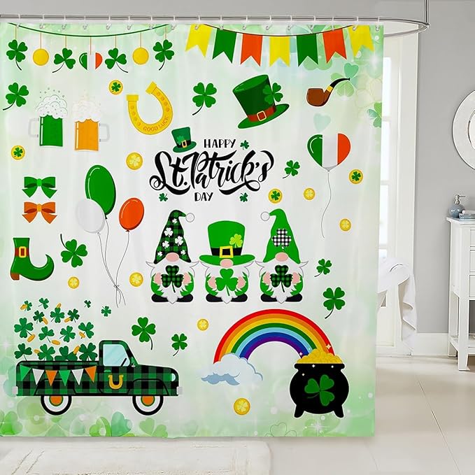 Manfei Happy St. Patrick's Day Kids Shower Curtains,Cartoon Gnomes Truck Leaves Rainbow Bathroom Curtains for Girls Boys,Irish Flag Holiday Green Cute Waterproof Curtains,12 Hooks Suits,72" W x 84" L