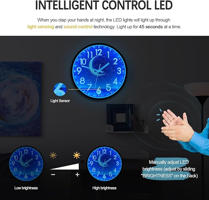 JoFomp Glow in The Dark Wall Clocks Battery Operated, 12 Inch Blue Moon Silent Wall Clock Non Ticking, LED Sound Control Light Up Wall Clock for Bedroom, Night Light Wall Clocks for Living Room Decor